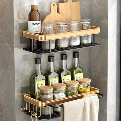 Gold & black aluminum corner bathroom shelf with towel hooks