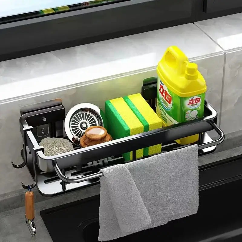 Silver two tier aluminum corner shelf bathroom storage with towel rack