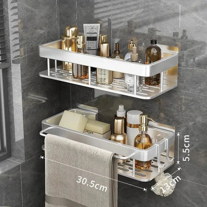 Silver two tier aluminum corner shelf bathroom storage with towel rack