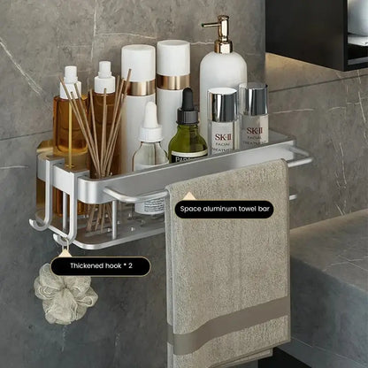Silver two tier aluminum corner shelf bathroom storage with towel rack