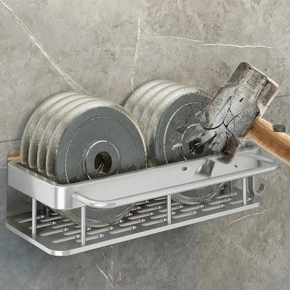 Silver two tier aluminum corner shelf bathroom storage with towel rack