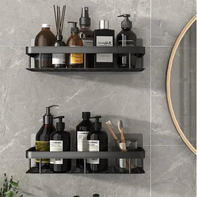 Modern black two-tier corner shower storage rack – bathroom shelf