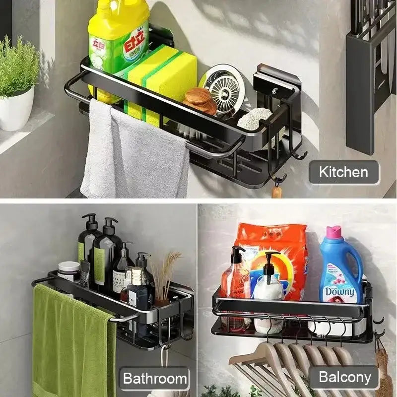 Modern black two-tier corner shower storage rack – bathroom shelf