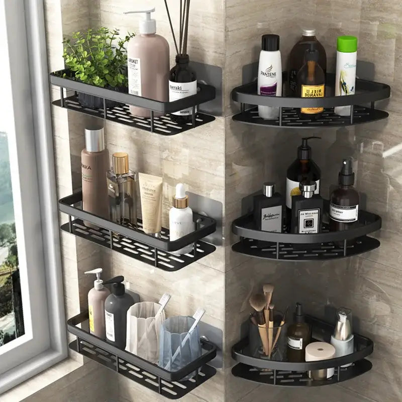 Modern black two-tier corner shower storage rack – bathroom shelf