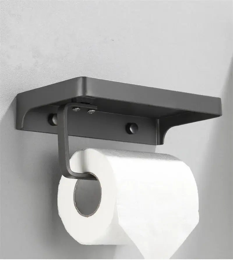 Black aluminum gray bathroom paper roll holder with phone shelf