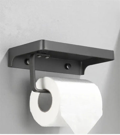 Black aluminum gray bathroom paper roll holder with phone shelf