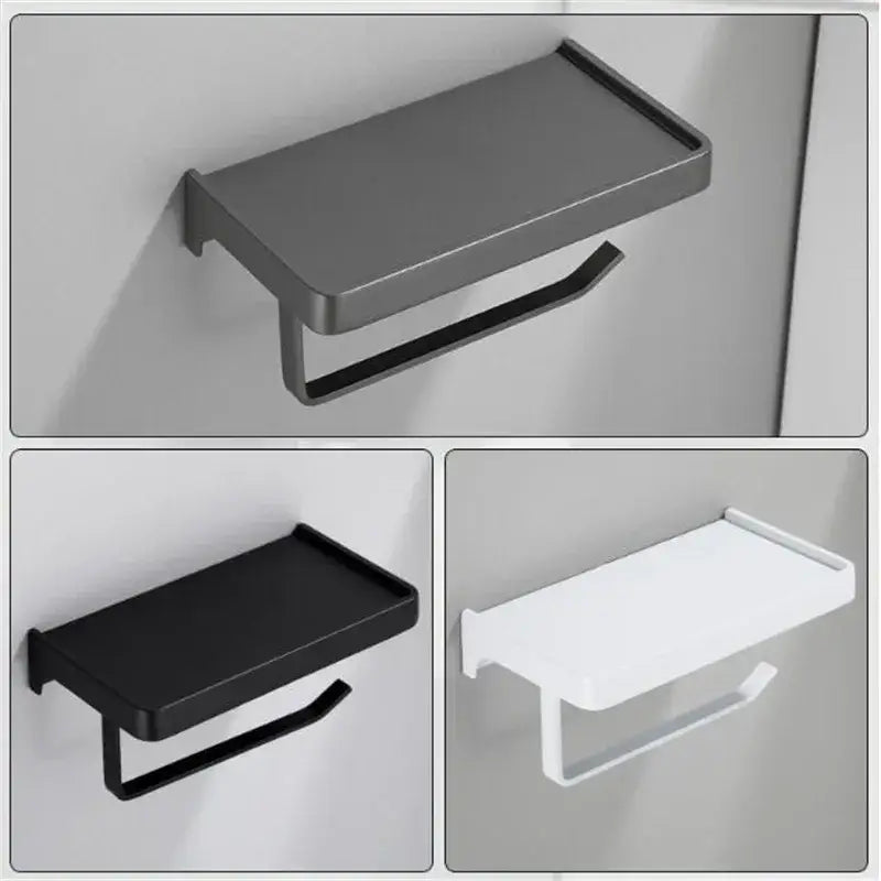 Black aluminum gray bathroom paper roll holder with phone shelf