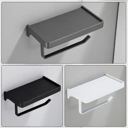 Black aluminum gray bathroom paper roll holder with phone shelf