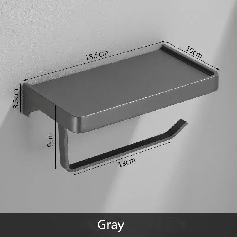 Black aluminum gray bathroom paper roll holder with phone shelf