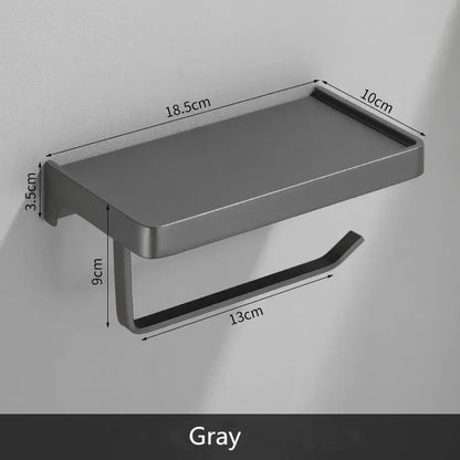 Black aluminum gray bathroom paper roll holder with phone shelf
