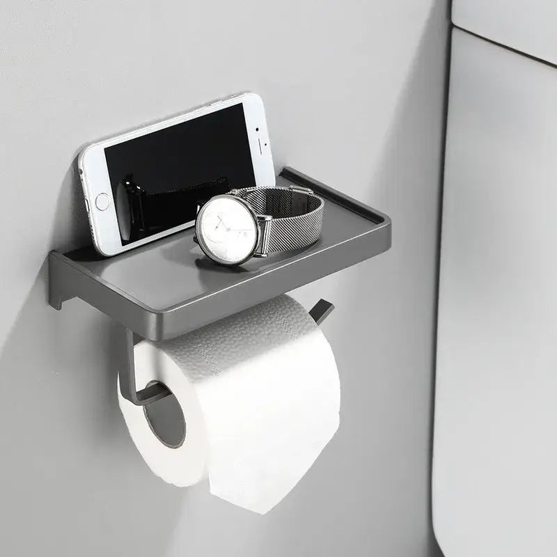 Black aluminum gray bathroom paper roll holder with phone shelf