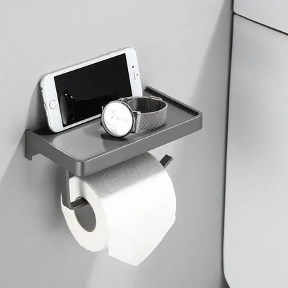 Black aluminum gray bathroom paper roll holder with phone shelf