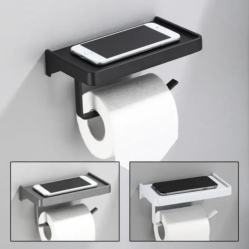 Black aluminum gray bathroom paper roll holder with phone shelf