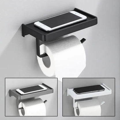 Black aluminum gray bathroom paper roll holder with phone shelf