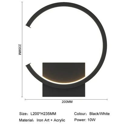 Modern black circular led wall lamp for bedroom living room