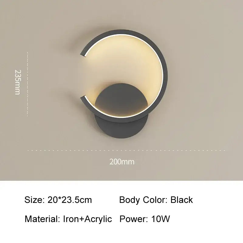 Modern black circular led wall lamp for bedroom living room