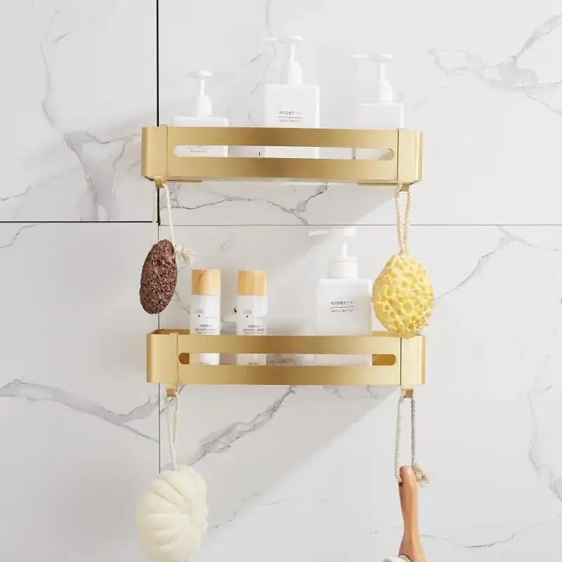 Brushed gold two tier aluminum shower shelf bathroom corner rack