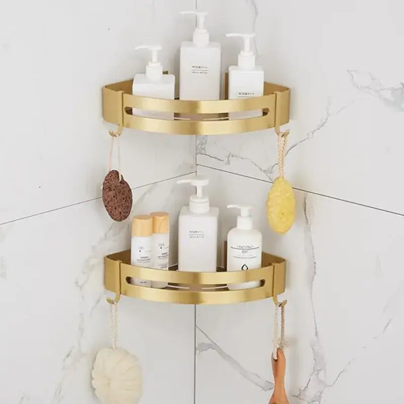 Brushed gold two tier aluminum shower shelf bathroom corner rack