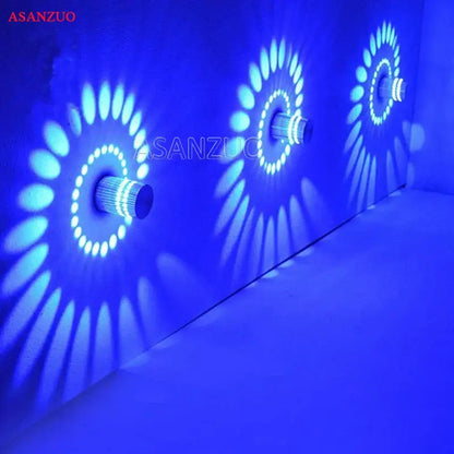Blue aluminum spiral led wall lamp for bedroom circular light patterns