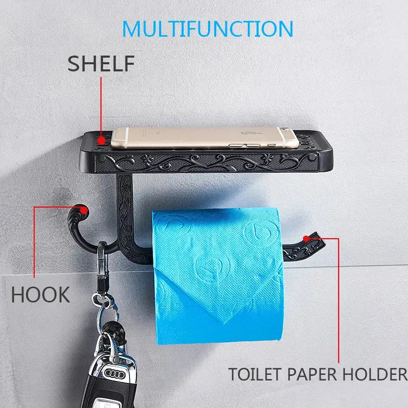 Ornate black metal toilet paper holder with phone shelf bathroom hook
