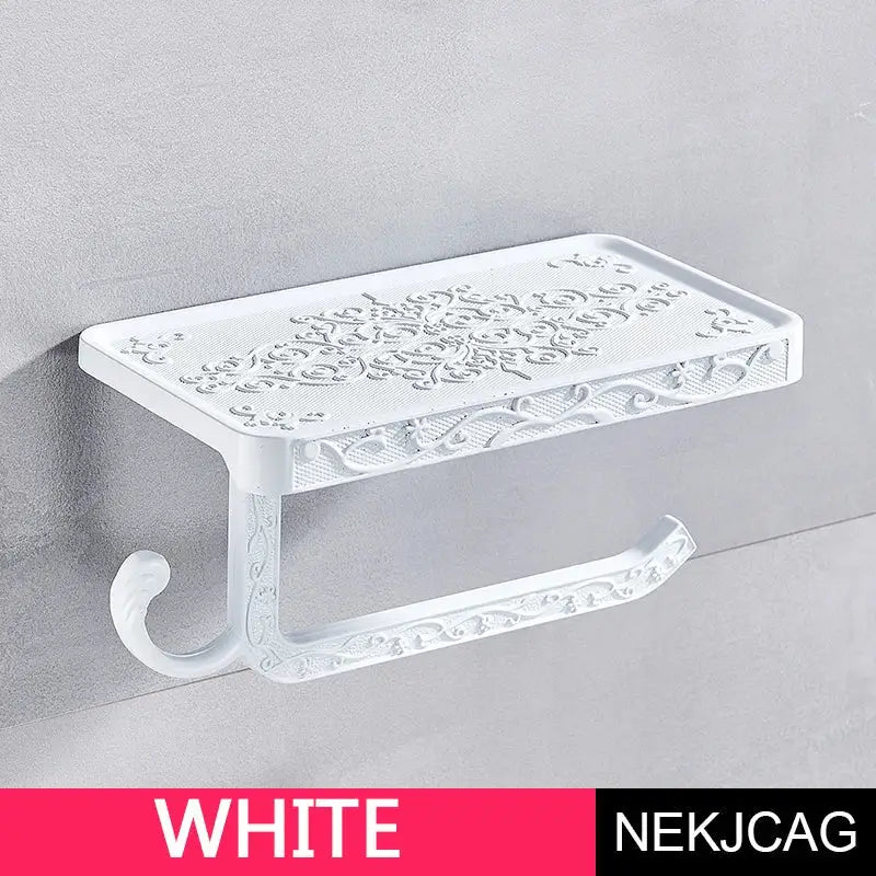 Ornate black metal toilet paper holder with phone shelf bathroom hook