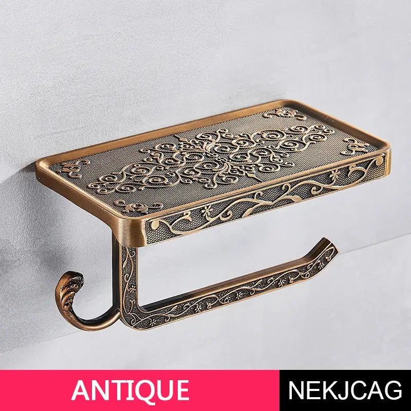 Ornate black metal toilet paper holder with phone shelf bathroom hook