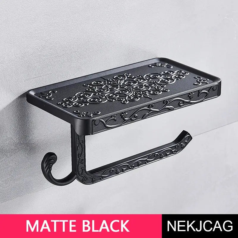 Ornate black metal toilet paper holder with phone shelf bathroom hook