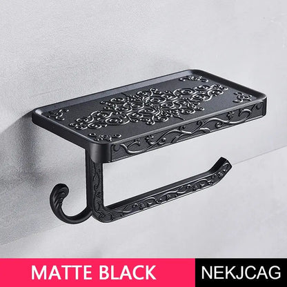 Ornate black metal toilet paper holder with phone shelf bathroom hook