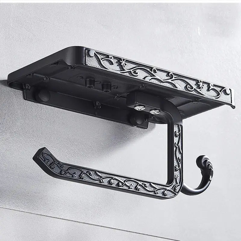 Ornate black metal toilet paper holder with phone shelf bathroom hook