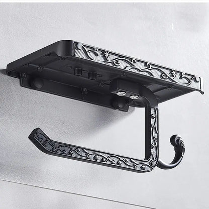 Ornate black metal toilet paper holder with phone shelf bathroom hook