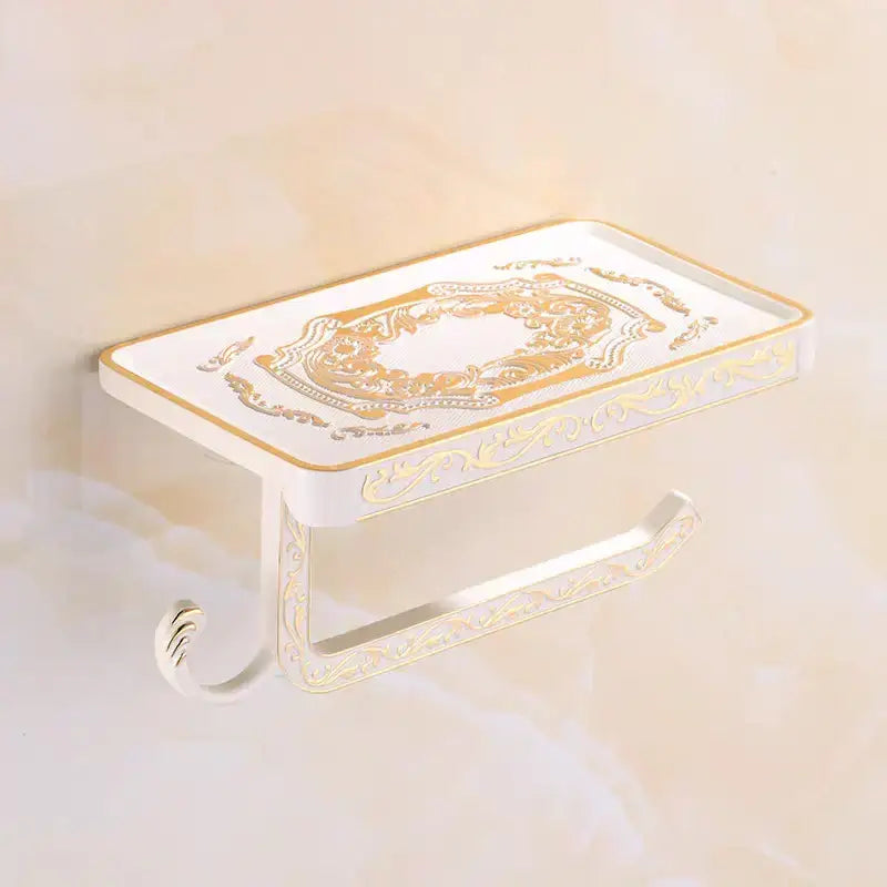 Ornate black metal toilet paper holder with phone shelf bathroom hook