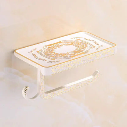 Ornate black metal toilet paper holder with phone shelf bathroom hook