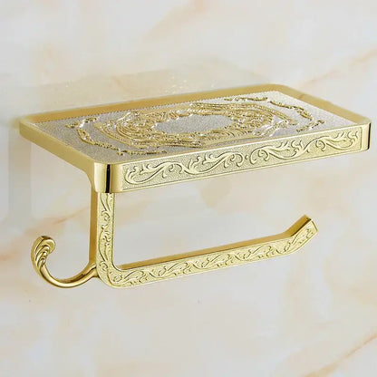 Ornate black metal toilet paper holder with phone shelf bathroom hook