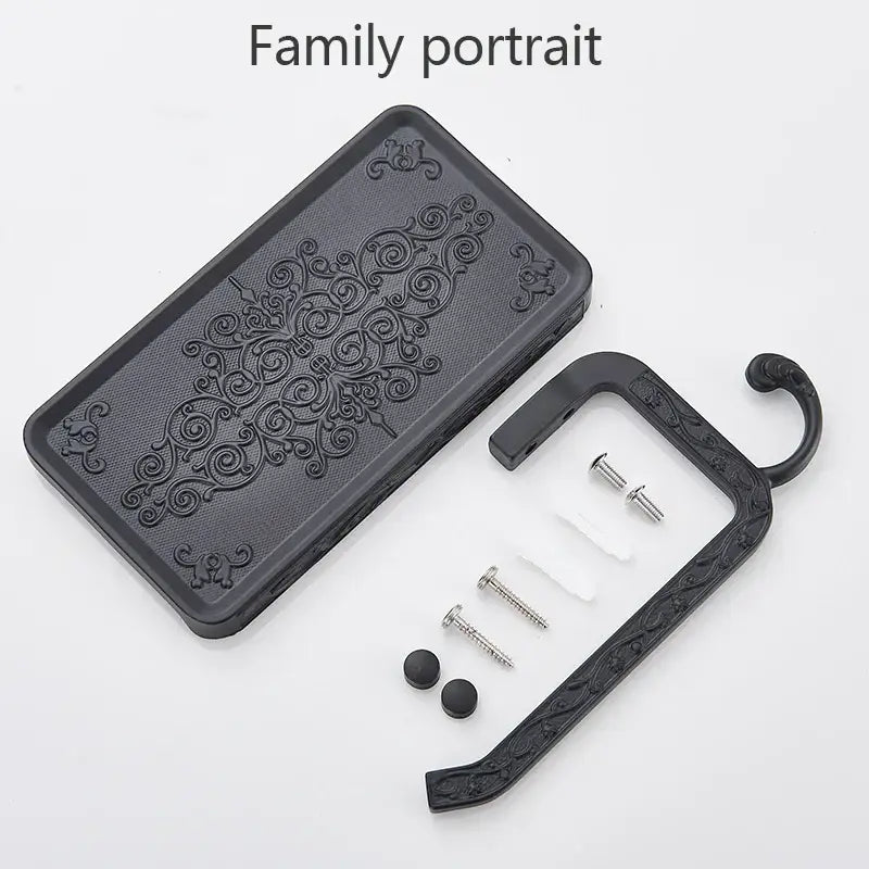 Ornate black metal toilet paper holder with phone shelf bathroom hook