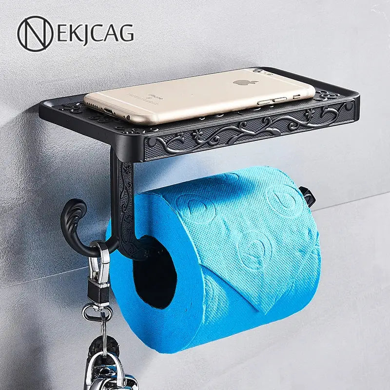 Ornate black metal toilet paper holder with phone shelf bathroom hook