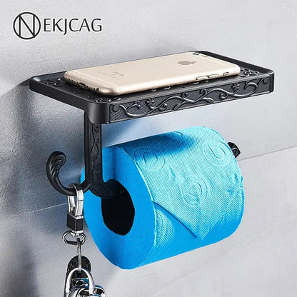 Ornate black metal toilet paper holder with phone shelf bathroom hook