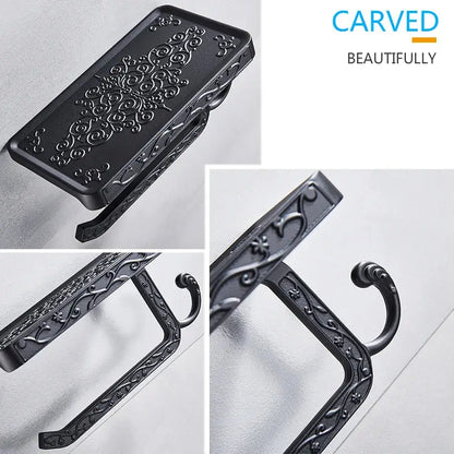 Ornate black metal toilet paper holder with phone shelf bathroom hook