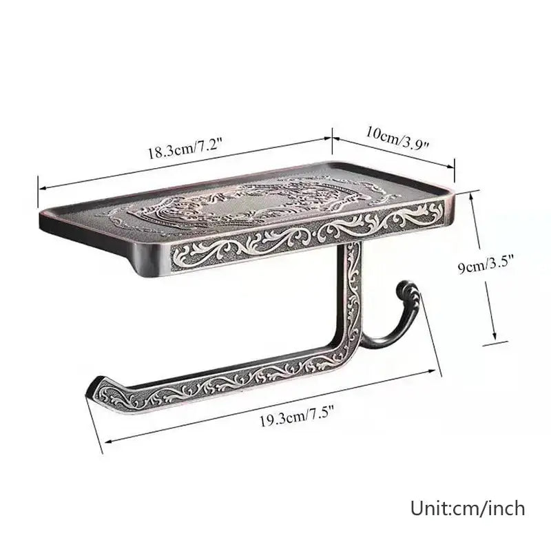 Ornate black metal toilet paper holder with phone shelf bathroom hook