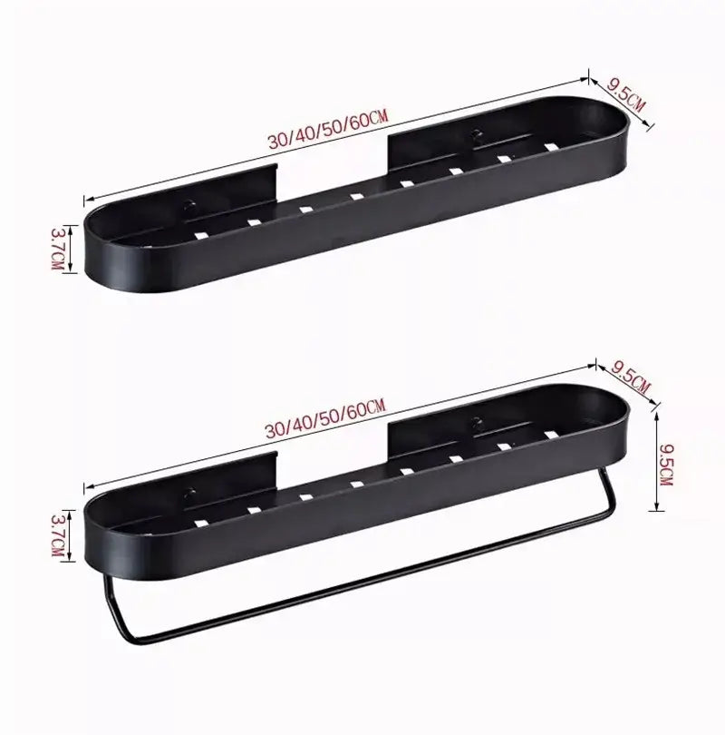Modern black aluminum bathroom shelf with towel bar and corner storage