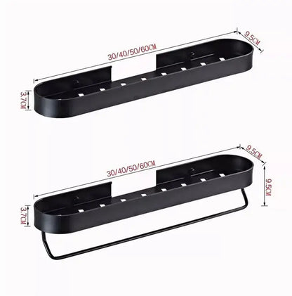 Modern black aluminum bathroom shelf with towel bar and corner storage