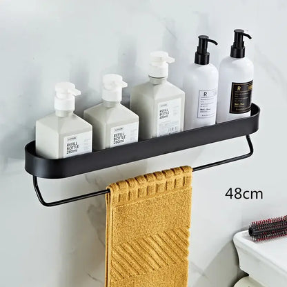 Modern black aluminum bathroom shelf with towel bar and corner storage