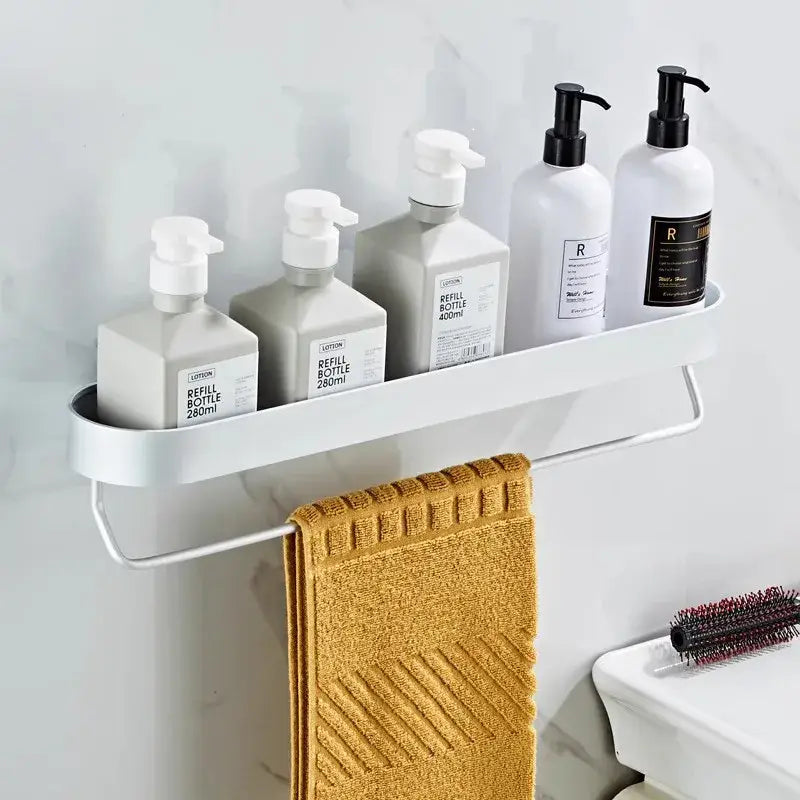 Modern black aluminum bathroom shelf with towel bar and corner storage