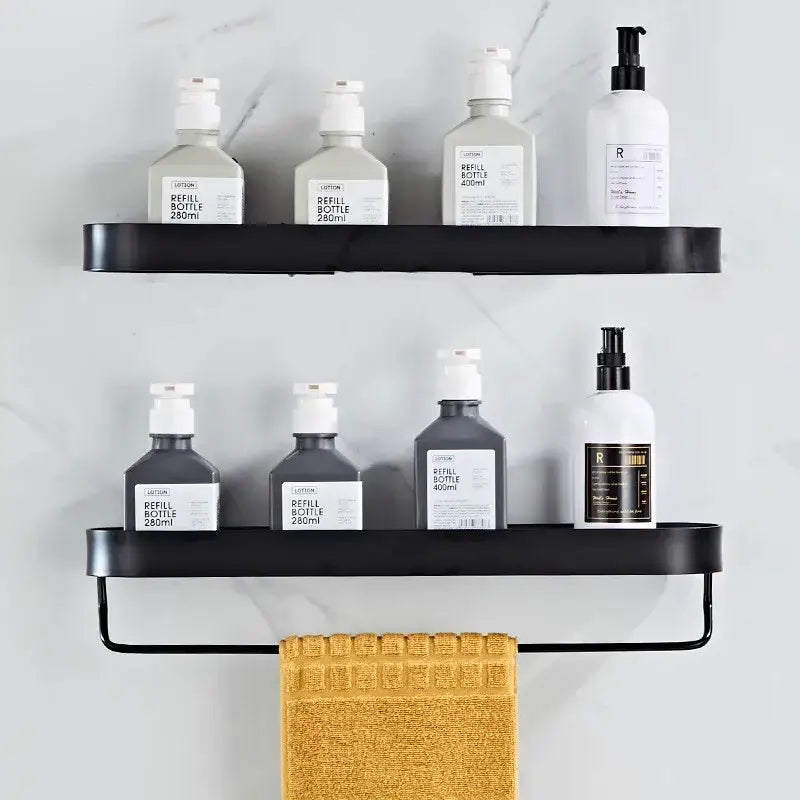 Modern black aluminum bathroom shelf with towel bar and corner storage