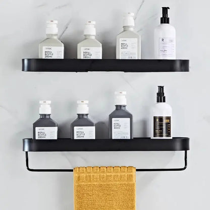 Modern black aluminum bathroom shelf with towel bar and corner storage