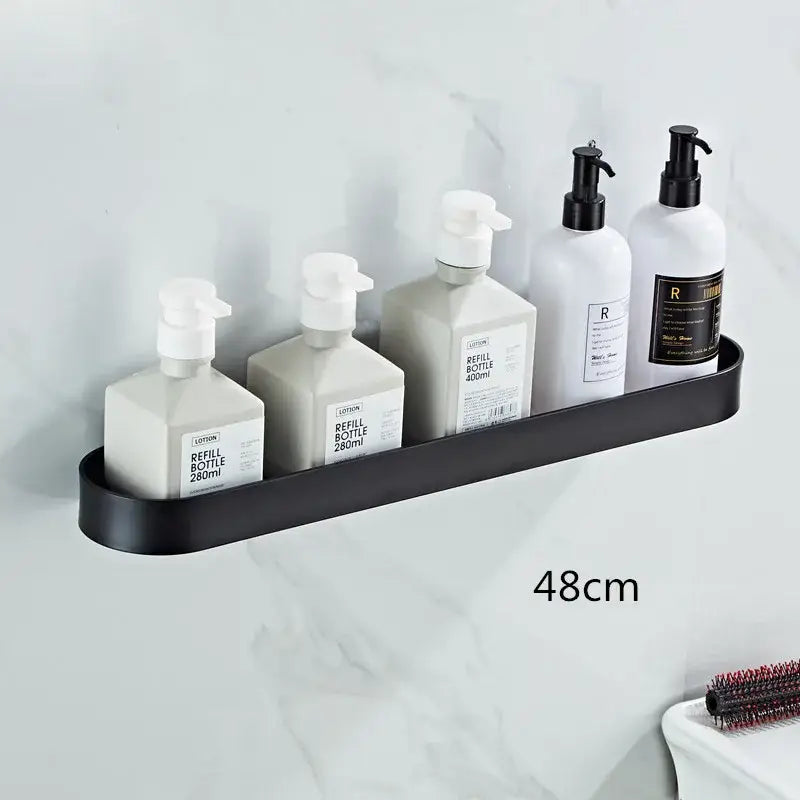 Modern black aluminum bathroom shelf with towel bar and corner storage