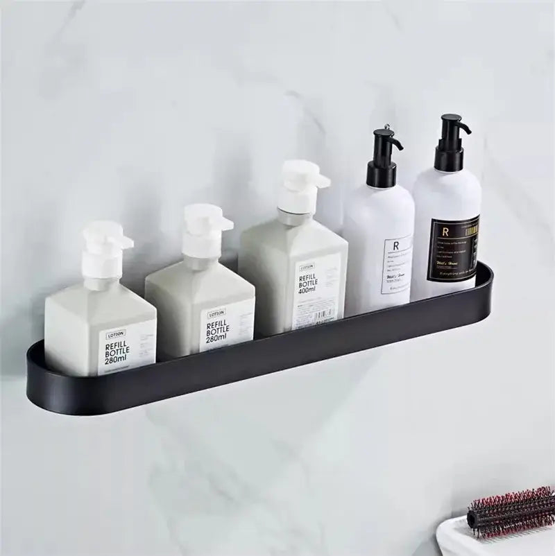 Modern black aluminum bathroom shelf with towel bar and corner storage