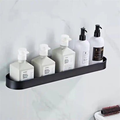 Modern black aluminum bathroom shelf with towel bar and corner storage