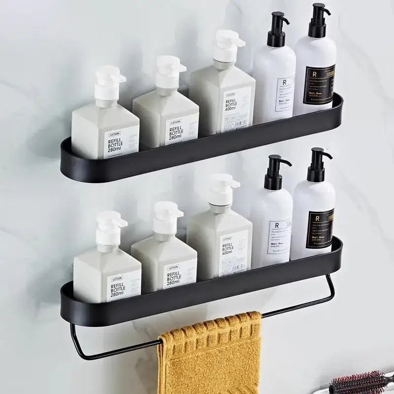 Modern black aluminum bathroom shelf with towel bar and corner storage