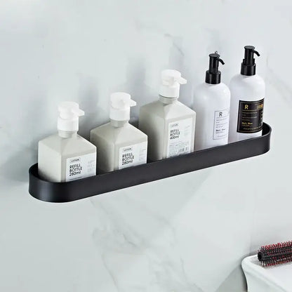 Modern black aluminum bathroom shelf with towel bar and corner storage