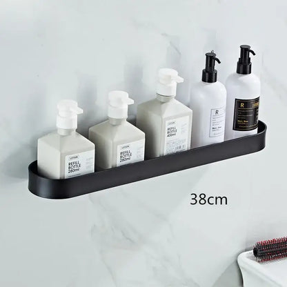 Modern black aluminum bathroom shelf with towel bar and corner storage